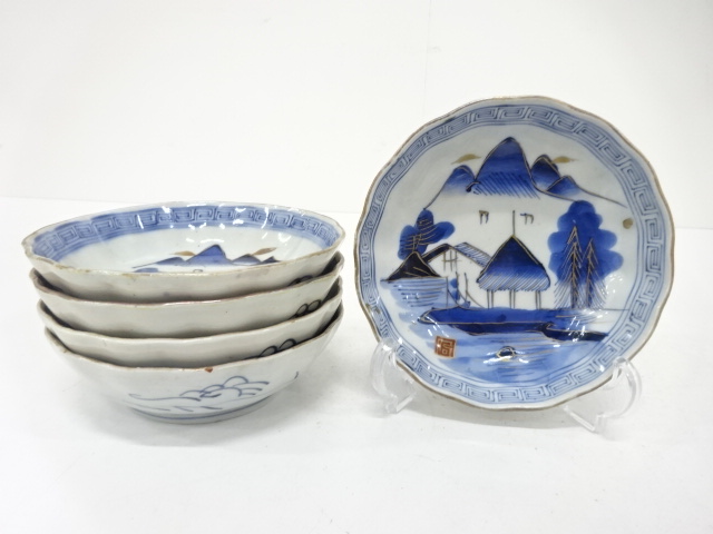 Ko-Imari, set of 5 plates, landscape, with blue & white stripes